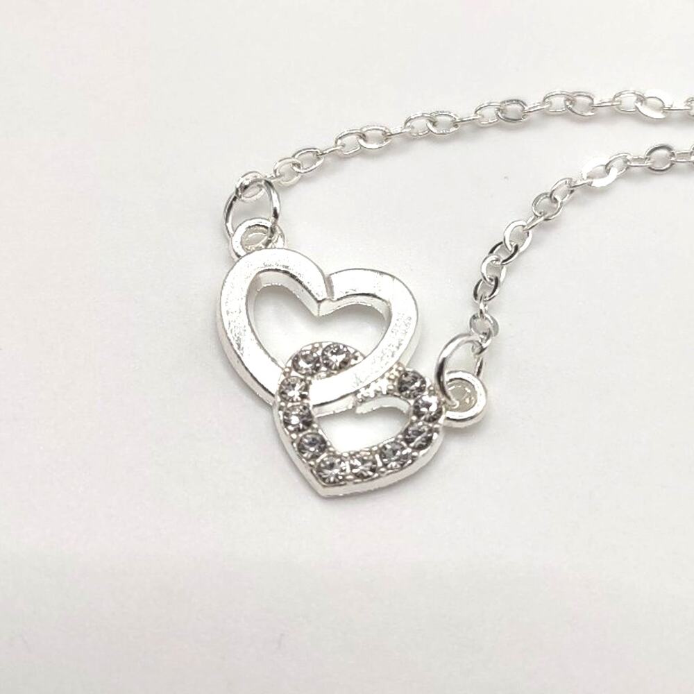 925 Silver Hearts Necklace w/ White CZ Diamonds Pendant Valentines Birthday NEW!